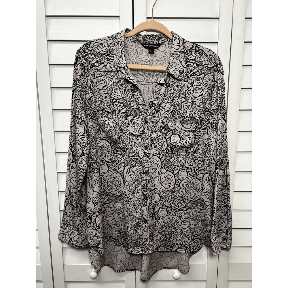 Rock & Republic Floral Roll Tab Sleeve Button Down Tunic Top Women's Size Large